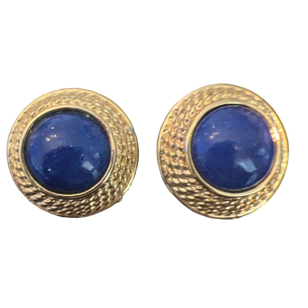 Vintage Earrings Clip On Blue Gold Plated Domed 80's Button style rope unsigned